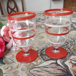 4 1/4 &quot;H Vintage set of 2 wine glasses. Clear glass with red and white strips.  Mint. Romantic Supper for 2. Gift idea