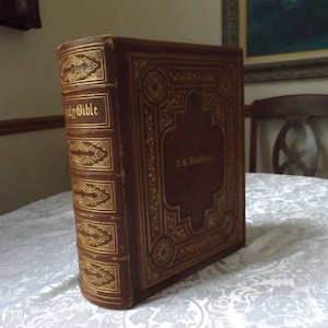 sale Extremely Rare Antique of 1866 Woodburg Holy Bible Bagster Gilded embossed leather Excellent Collectible Wedding. Gift idea