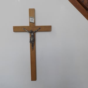 Antique extra large crucifix on oak wooden cross. Pewter crucifix. oak cross. 24&quot;H x 12 W .Religion. Christianity.