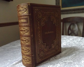 sale Extremely Rare Antique of 1866 Woodburg Holy Bible Bagster Gilded embossed leather Excellent Collectible Wedding. Gift idea