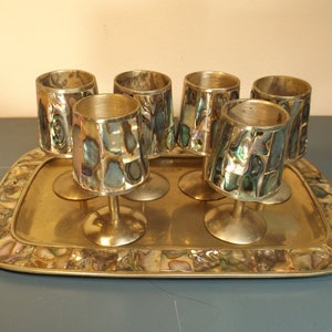 Set of 6 small silver plated wine glasses or goblets shots decorated with Mother of Perl & matching small tray. Alpaca. Mexico  Gift idea