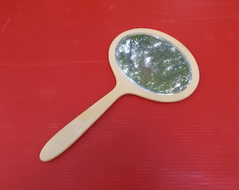 Vintage Mirror:Make up oval hand faceted mirror, Vanity Mirror,Mirror project. 15 1/4" total length. 8.5"W. home decor.