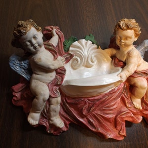 Sale Holy Water Font Pocket Antique Gypsum Cherubs  .9&quot;W x 7&quot;H. Wall hanging.walldec or.religion. Church or Home or Buseness decor. Gift