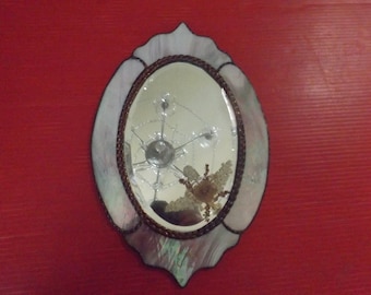 Delightful Antique Wall faceted mirror, make up mirror in mother of perl/pewter frame. Mid century mirror. mirror project Gift idea