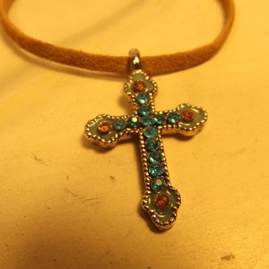 Delightful Blue cross pendant 12 blue and 4 orange sparkling rhinestones Christianity Religion  1 1/4&quot;x 3/4&quot;  Gift