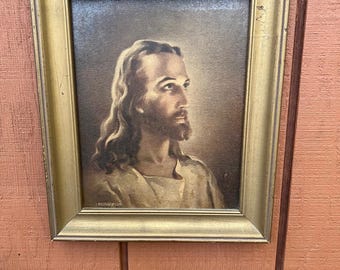Sale Warner Sallman 1941 Jesus Litho Print Large lithograph The Head of Christ wooden rectangular frame.home decor, office decor Gift idea