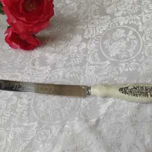 Antique Sheffield England Bread knife Judaica, Jerusalem image on the marble looking handle and Hebrew words לכבוד שבת Stainless Gift idea.