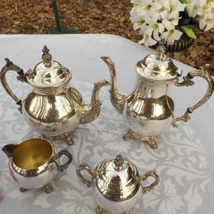 Sale Art Nouveau Silver plated tea and coffee set.teapot,coffeepot, sugar bowl lid,creamer. All 4 pieces are footed. Home decor.Serving Gift