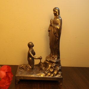 French Antique Our Lady Lourdes Blessed Virgin Mary Bernadette Catholic Statue France Religion Christianity RARE signed G.R. A.P + FREE gift