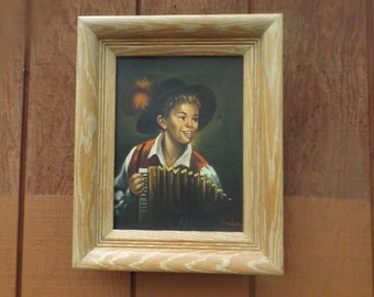 Beginning 20 century Antique Oil painting canvas singing boy harmonic Wooden frame  Portrait Hanging.Home decor.Signed .Grumbacher