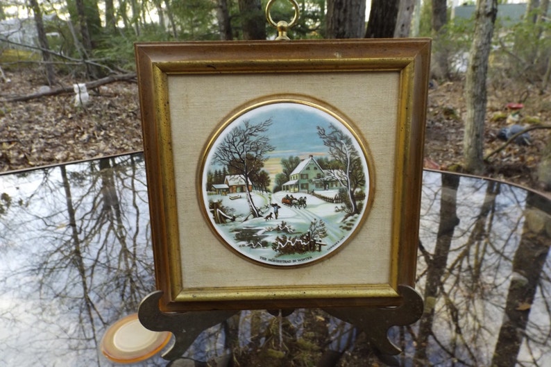 Sale Antique Currier /& Ives Collector/'s Plate Old Homestead in Winter professional wooden frame Gold trim 24 Kt Collectible Plate Great Gift