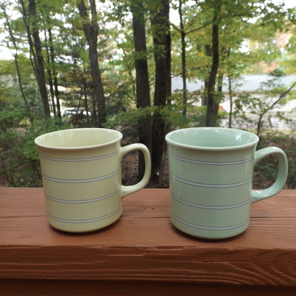 Adorable Set of 2 coffee/tea cups from Japan , striped, Light creamy and light green with the same white/grey strips. gift. Kitchen. Serving