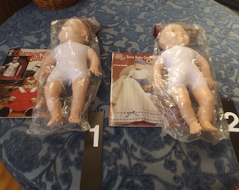 Vintage 15" twin baby Dolls with lot of 2 Magazines to crochet by Sandy Scoville & by Betty Saxton fot this twins. New old stock 1993