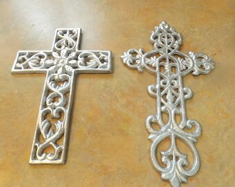Cast iron filigree Antique large silver 2 wall crosses Choice 1 or 2.Religion Christianity Home  office house decor Inside outside gift idea