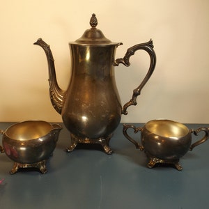 Silver plated tea or coffee set by International Silver signed.Antique set. Coffee tea pot sugar bowl creamer Home decor. Serving. Gift idea