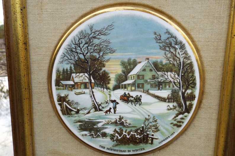 Sale Antique Currier /& Ives Collector/'s Plate Old Homestead in Winter professional wooden frame Gold trim 24 Kt Collectible Plate Great Gift