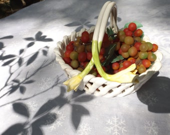 Elegant home decor.Beautiful vintage artificial fruits,grapes,still life in the porcelain basket Table decor Gift Made in Portugal signed AT