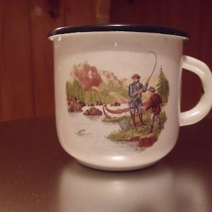 Sale 3 1/4&quot;H Enameled vintage mug.EUROPE. Ukraine. Hunting.Fishing.Never used mug.Home decor. kitchen decor. Deer. Fish.Landscape.Lakescape.