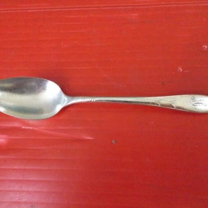 May include: A silver spoon with an oval bowl and a long, slender handle. The handle has a decorative design near the bowl and an engraved monogram at the end. The spoon is set against a red background.