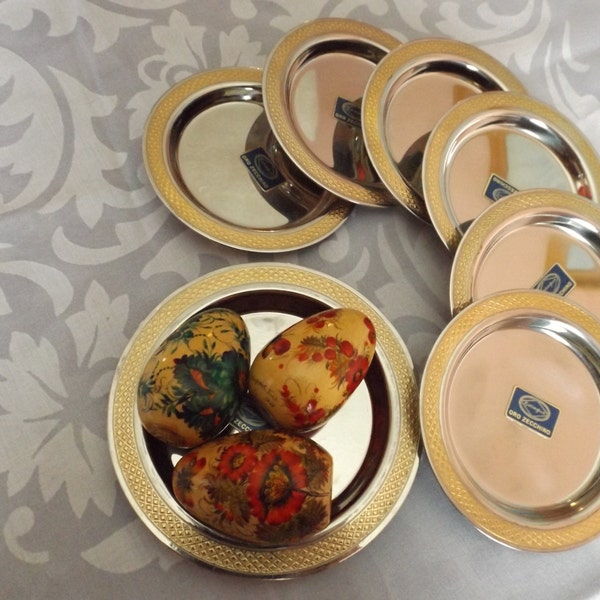 Sale Italian Set 7 ORO ZECCHINO small platters saucers Gottinghen. Trays gold trim,Home Decor, jewelry,coasters. Serving.INOX 18:8.Plates