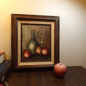 Stun R, 20s century, Delightful Vintage original Oil Painting board. Still life. Wooden brown frame. Signed Stun.R. Perfect Gift