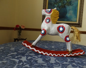 Sale Rare Vintage paper mache rocking horse with gold hair Animal Toy Home decor Kid's room decor Gift  Abstract painting