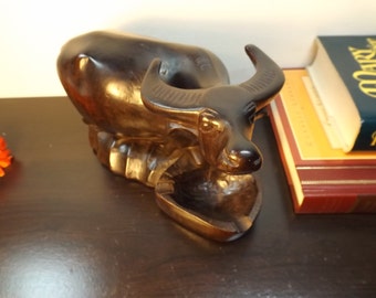 Sale Wooden Ashtray Statue bull ox water buffalo Figurine Indian Art Hand Carved Ring Key holder Desk office library Mantel Centerpiece Gift