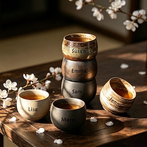 May include: A set of five ceramic tea cups with rounded shapes and varied finishes, including speckled, metallic, and marbled textures. Each cup features a black printed name: Susan, Emma, Sam, Lisa, Mary, and Jennie, with tea inside.