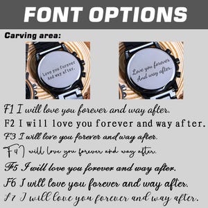 May include: Image showcasing font options for watch engraving. Two watches are displayed with the inscription "Love you forever And way after." Seven font styles are shown below, each with the same phrase. The text "FONT OPTIONS" is at the top.