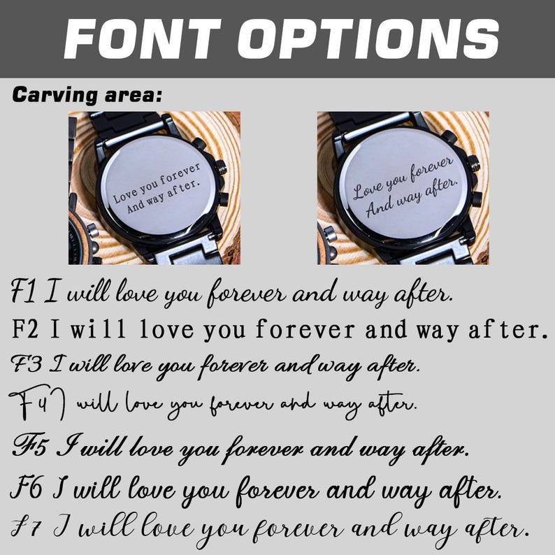 May include: Image showcasing font options for watch engraving. Two watches are displayed with the inscription "Love you forever And way after." Seven font styles are shown below, each with the same phrase. The text "FONT OPTIONS" is at the top.