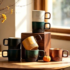 May include: A collection of ceramic mugs with square handles and vertical ribbed bases. The mugs feature names including Sun, David, Zara, and Mola. The colors include cream, dark green, black, yellow, and copper, arranged on a wooden surface.