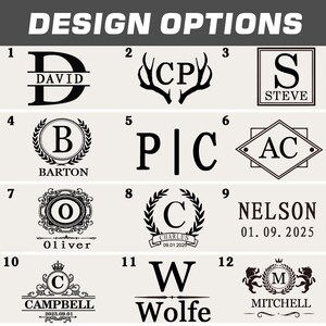 May include: A collection of design options featuring various monograms, initials, and names in a black font. The designs include initials within frames, wreaths, and decorative elements, with the text "DESIGN OPTIONS" at the top.