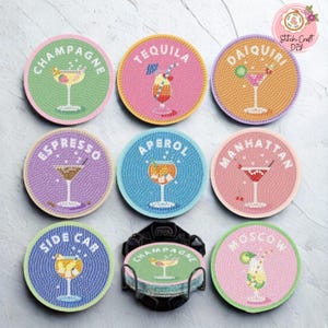 8 Pcs/Set Diamond Painting Coaster Set | DIY Wine Glass Pattern | Sparkling Mosaic Art | Wooden Coaster Set | DIY Craft Gift