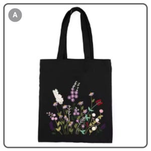 Black Tote Bag With Floral Cross Stitch Pattern DIY For Gift,