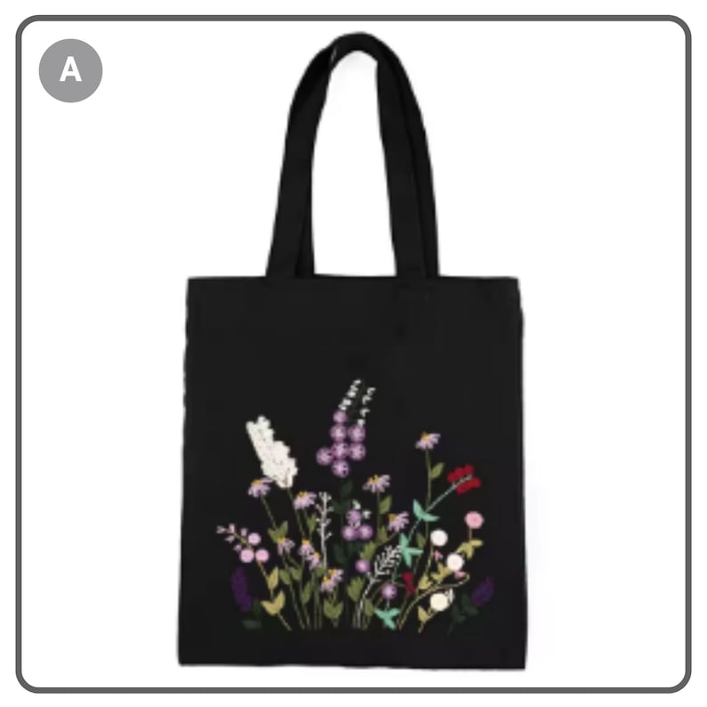 Black Tote Bag With Floral Cross Stitch Pattern DIY For Gift,
