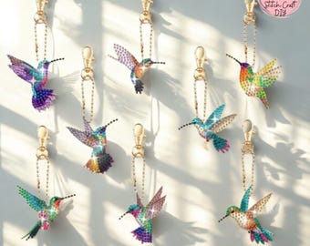 8Pcs/Set DIY Hummingbird Diamond Painting Keychains | DIY Rhinestone Keychains Kit | Diamond Art Keychains for Adults