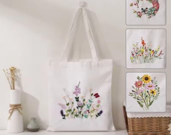 Kit de bordado para principiantes, bolsa de bordado de flores, punto de cruz con estampado floral, bolsa de lona blanca para regalo.