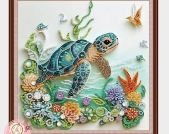 Kit de pintura de diamantes de tortuga marina / Kit de bordado de cuentas de vida marina para adultos / Kits de bordado de cuentas para amantes de los animales