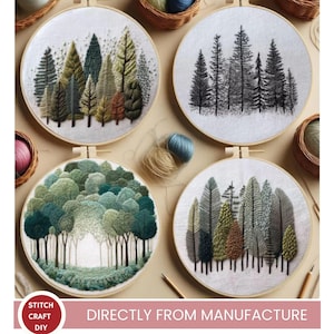 May include: Four embroidery hoops with forest scenes. The hoops feature detailed tree designs in various colors, including green, brown, and black. The text "STITCH CRAFT DIY" and "DIRECTLY FROM MANUFACTURE" are visible. The hoops are set against a neutral background with craft supplies.