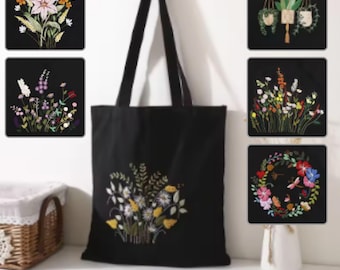 花柄刺繍トートバッグ 黒 トートバッグ 黒 ハンドメイド刺繍 花柄 シンプル | 世界の輸入雑貨