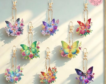 8Pcs/Set Butterfly Diamond Art Keychains Kit | DIY Butterfly Rhinestone Charms | Diamond Art Keychains | Gift for Woman