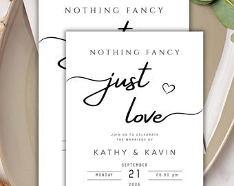 Minimalist Wedding Invite, Nothing Fancy Just Love Invitation, Elopement Announcement Invite, Modern Reception Template