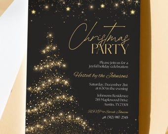 Christmas Party Invitation Template, Editable Gold and Black Xmas Party Invite, Digital Download