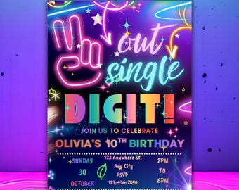 Editable Peace Out Single Digits Birthday Party Invitation, Neon Glow Party, Instant Download