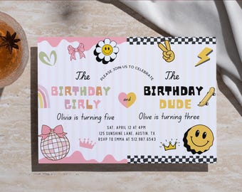 Joint Birthday Invitation, Sibling Party invite, Retro Smiley Twins Groovy Brother Sister Template
