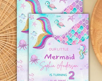 Editable Mermaid Birthday Invitation,  Mermaid Bash Under the Sea  Invite, Canva Template, Instant Digital