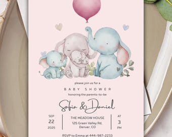 Editable Elephant Baby Shower Invitation, Printable Template, DIGITAL DOWNLOAD