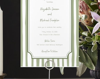 Green Stripe Wedding Invitation Template, Editable RSVP & Details Card, Minimalist Invite, Printable Download