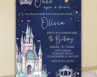 Four Ever A Princess Birthday Invitation, Magic Castle Invite Template, Royal Theme Watercolor