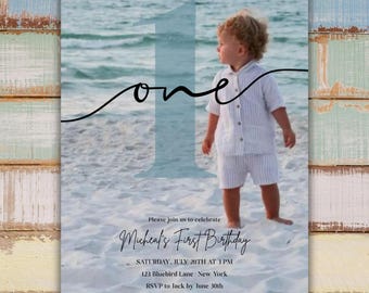 Editable First Birthday Photo Background  Invitation, Minimalist Boho 1st Birthday, Instant Digital Download